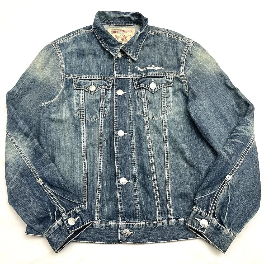 True Religion Jimmy Denim Trucker Jacket L Embroidered Thick Stitch Flap Pockets
